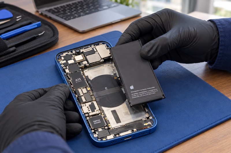 An old battery lifted out of an open iPhone.