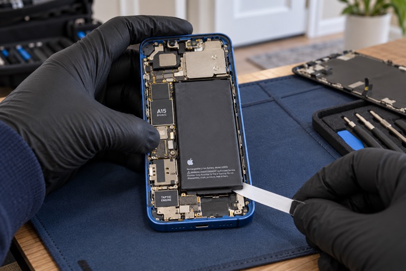 Gloved hands pull the adhesive tab under an iPhone battery.