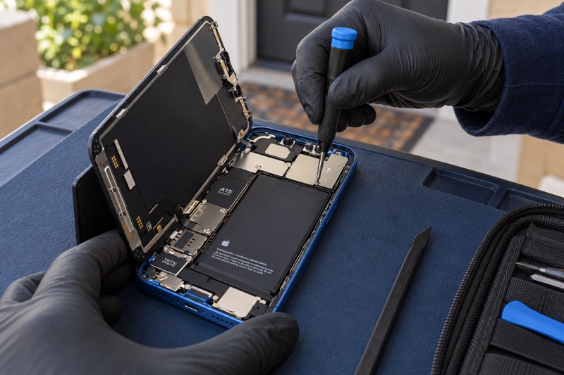 A gloved hand works on an open iPhone on a repair mat outside a front door.
