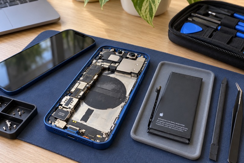 An open iPhone, its battery and repair tools laid out on a mat.